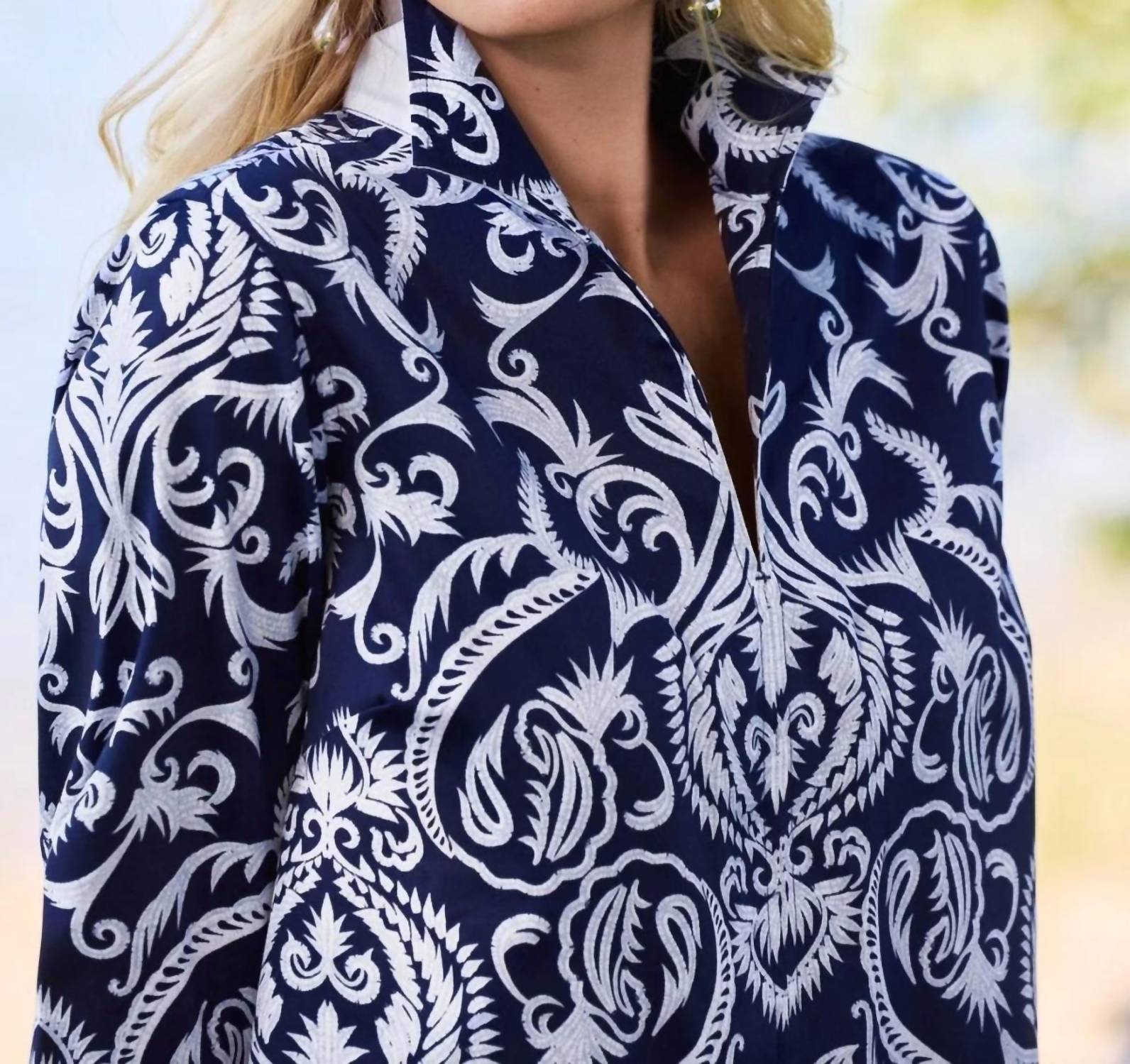 Foxcroft Agnes Printed Damask Long Sleeve Shirt in blue - women's shirt - alternate view