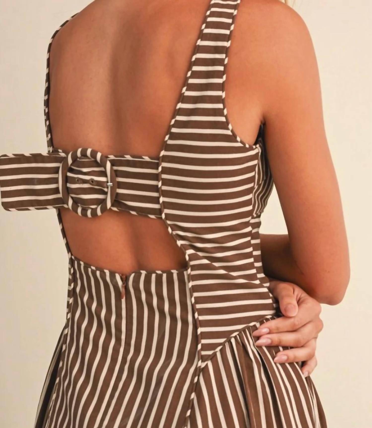 Klesis - Striped Back Buckle Piping Detail Midi Dress