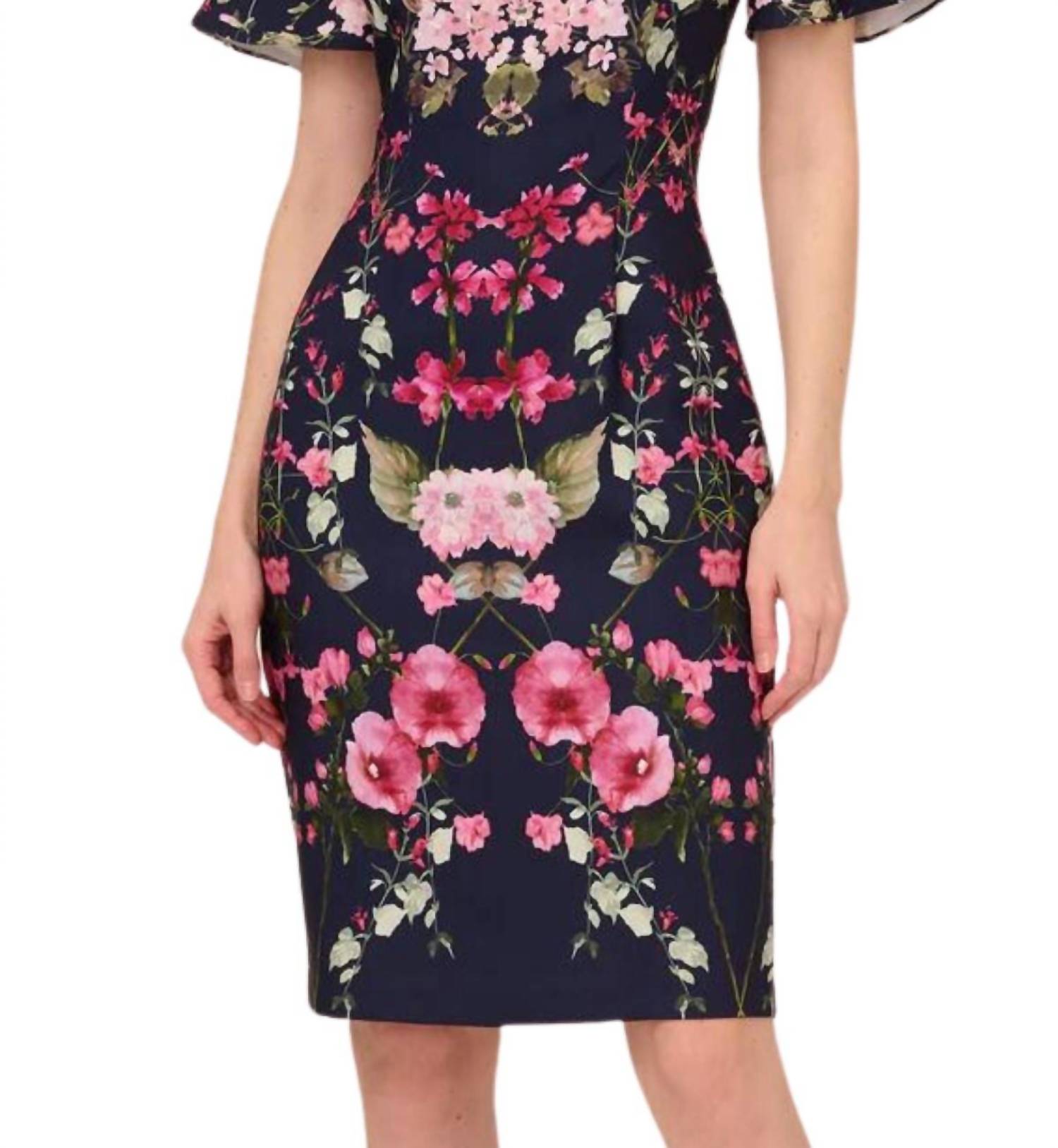 Adrianna Papell - Floral Print Crepe Midi-length Sheath Dress