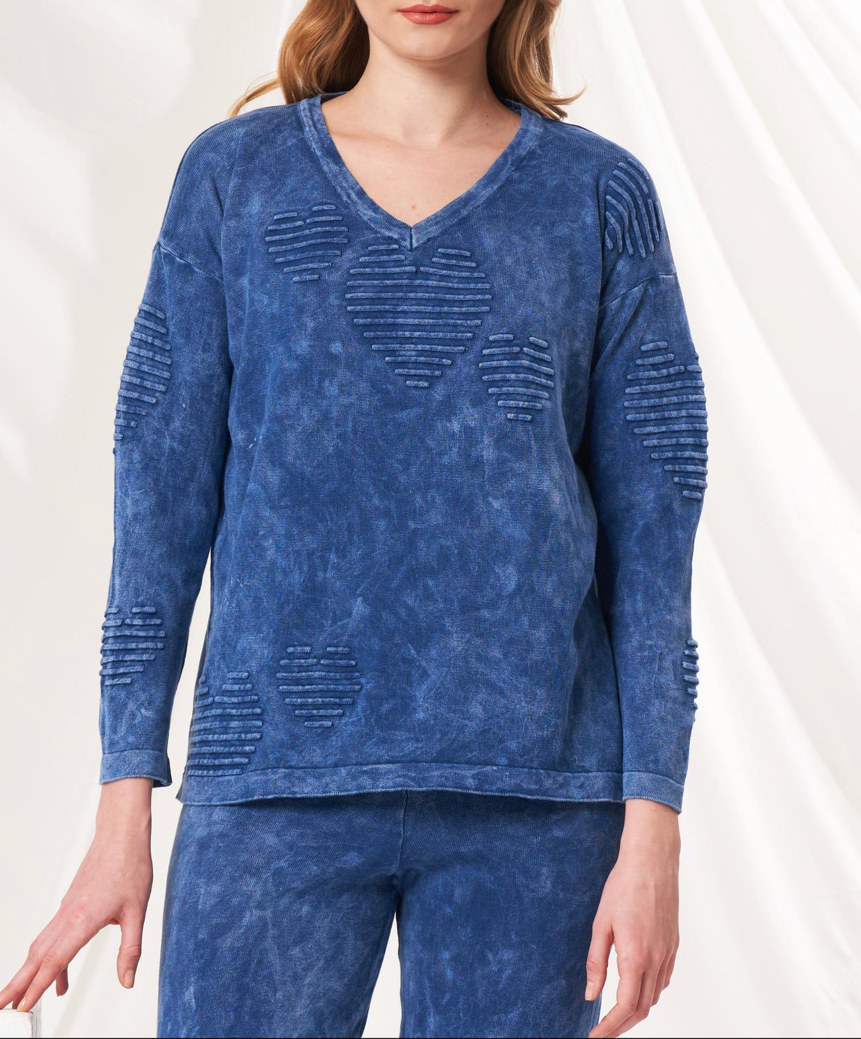 Angel Apparel V-neck Heart Sweater in denim - women's sweater - detail view