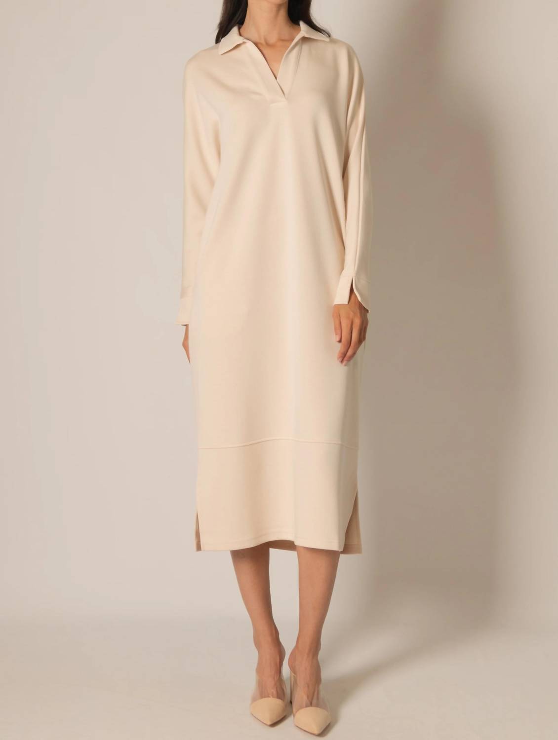 P.CILL Modal Collared Long Sleeve Midi Dress in eggshell - women's dress