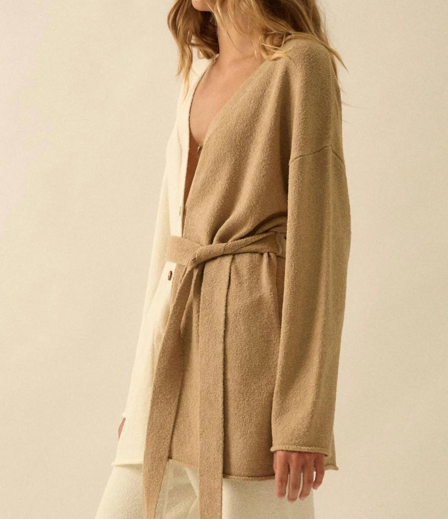 PROMESA Colorblock Belted Cardigan in beige - women's cardigan - view 4