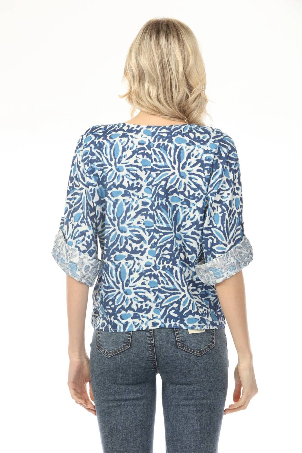 Charlie B - Printed Quarter Roll-up Sleeve Front Tie Top