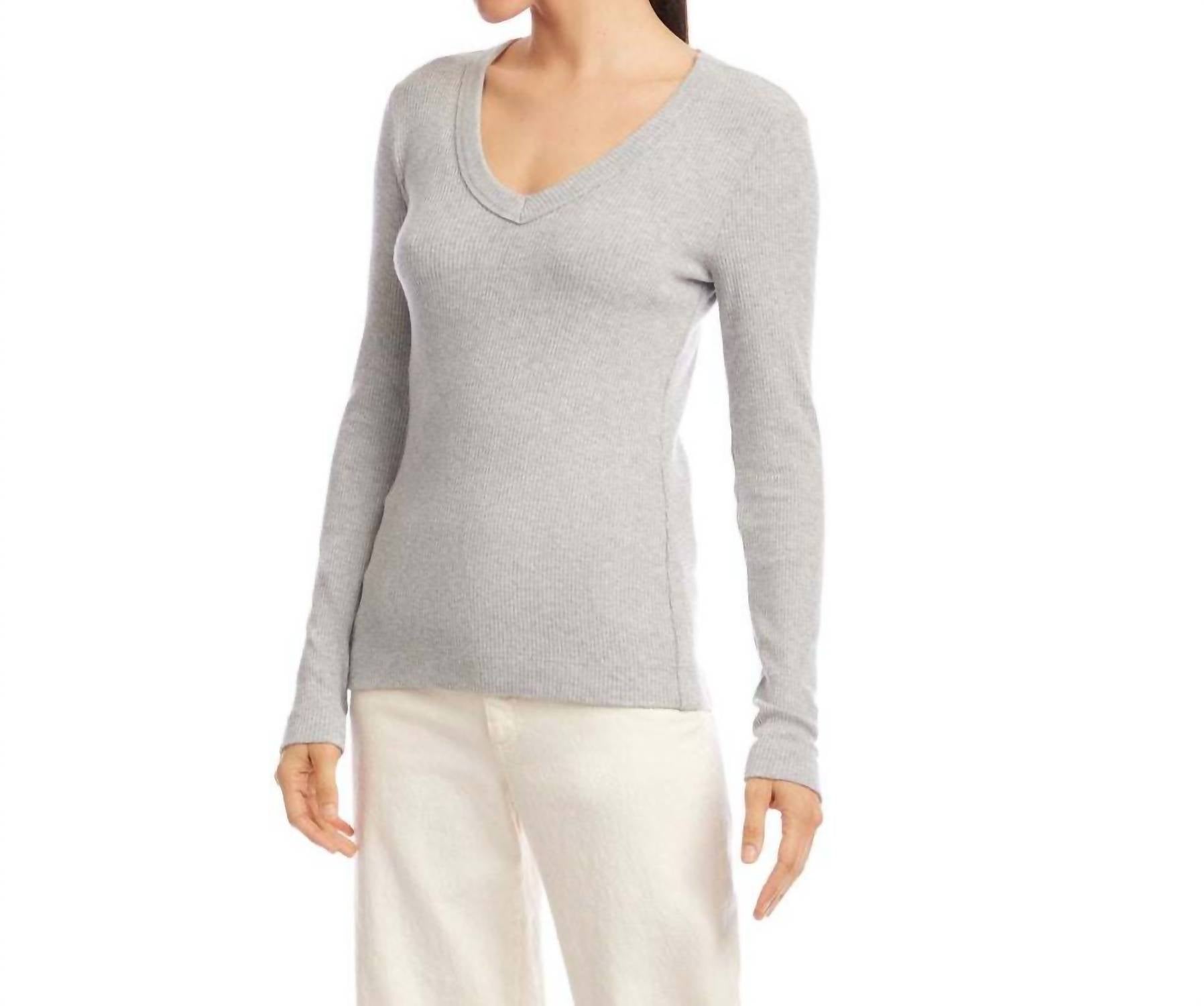 Karen Kane Long Sleeve Ribbed V-neck Top - Petite in heather gray - women's long sleeve top - detail view