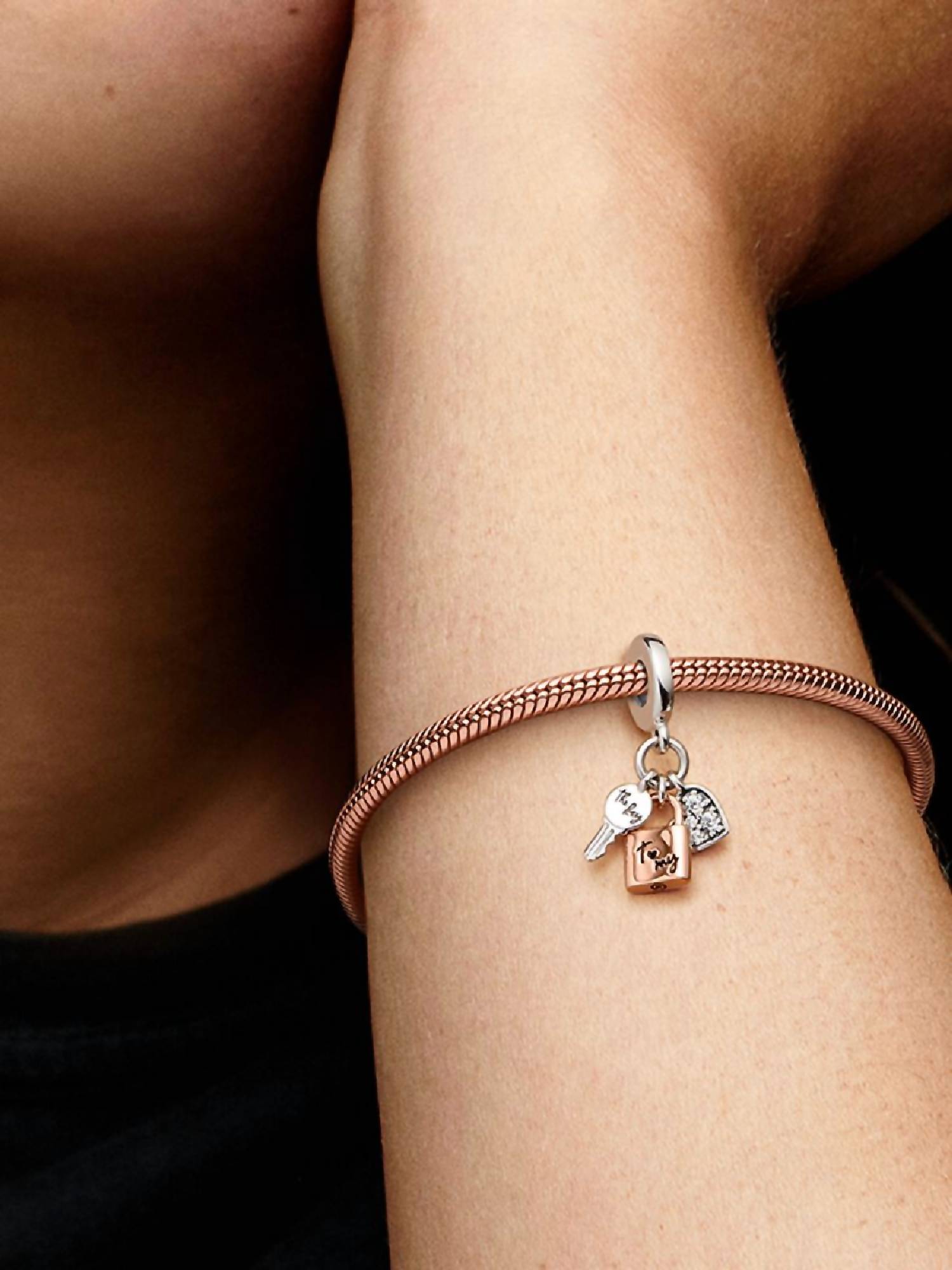 Pandora Women's Two-tone Key Padlock & Heart Triple Dangle Charm in silver - women's item - detail view