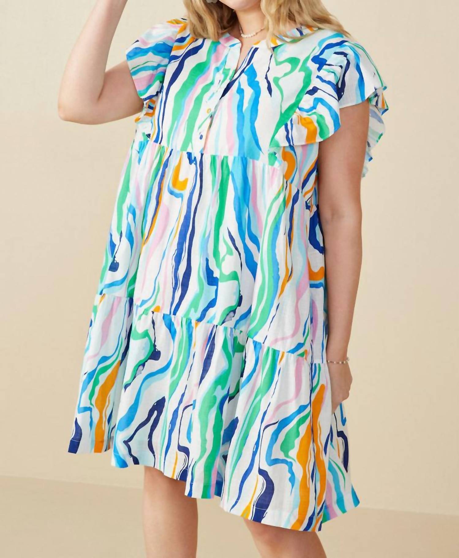 Hayden LA Ruffle Sleeve Mini Dress in green mix - women's dress - detail view
