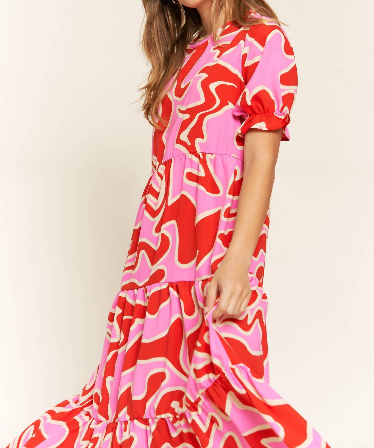 Jade By Jane - Beautiful Chaos Tiered Short Sleeve A-line Midi Dress