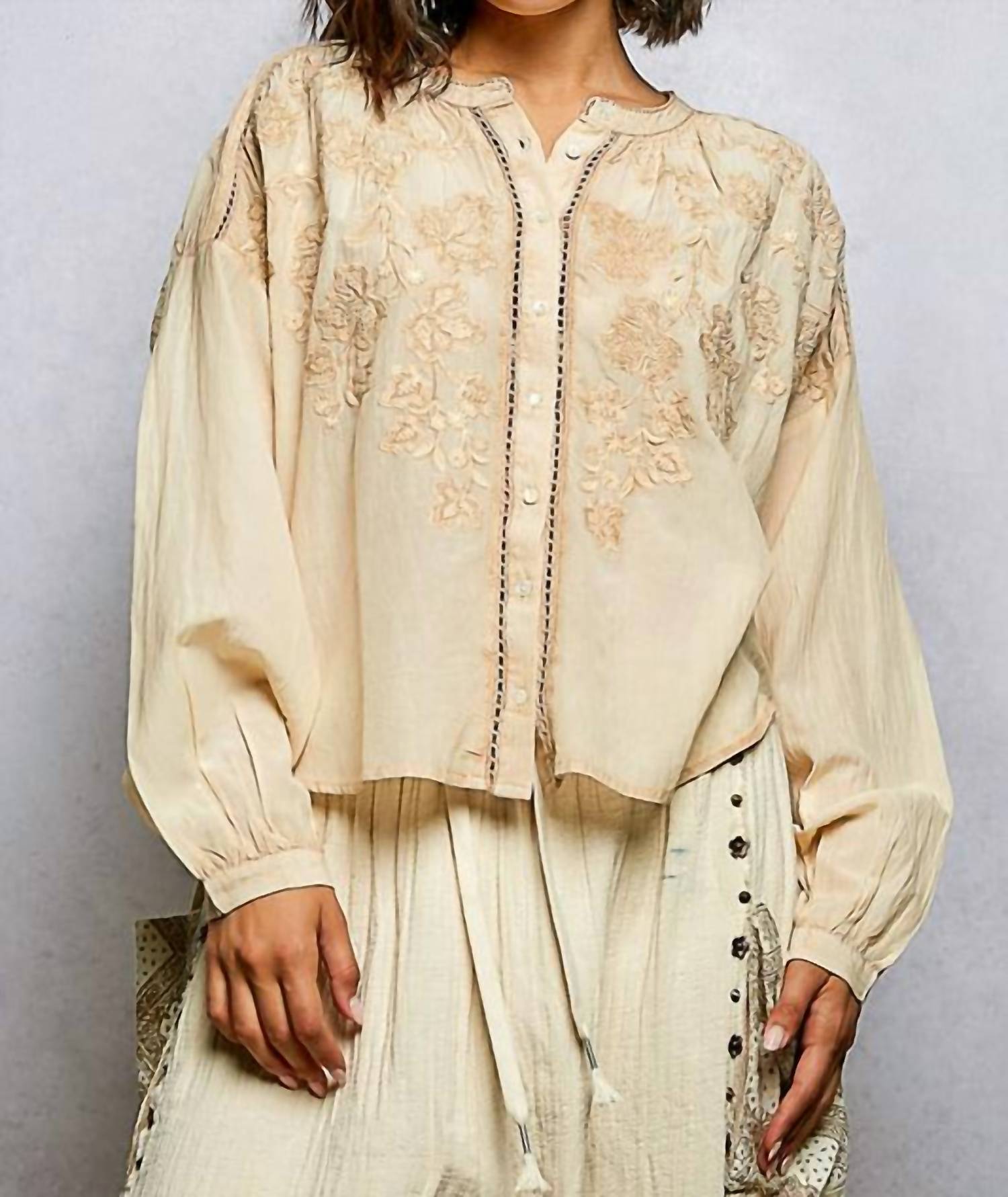 Pol - Felicity Boho Embroidery Button Down Top