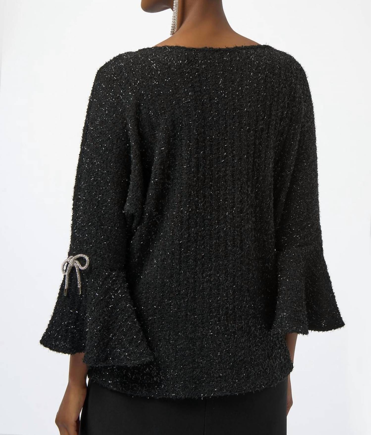 Joseph Ribkoff Fuzzy Metallic Knit Boxy Top in black - women's blouse - detail view