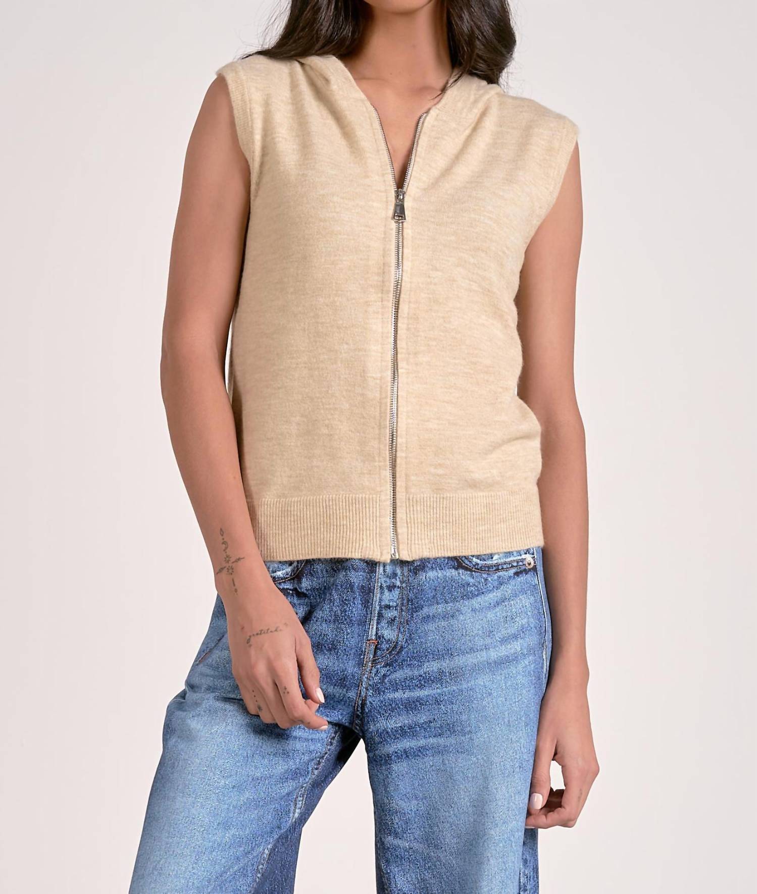 Elan - Irene Sleeveless Zip Up Sweater Vest Hoodie