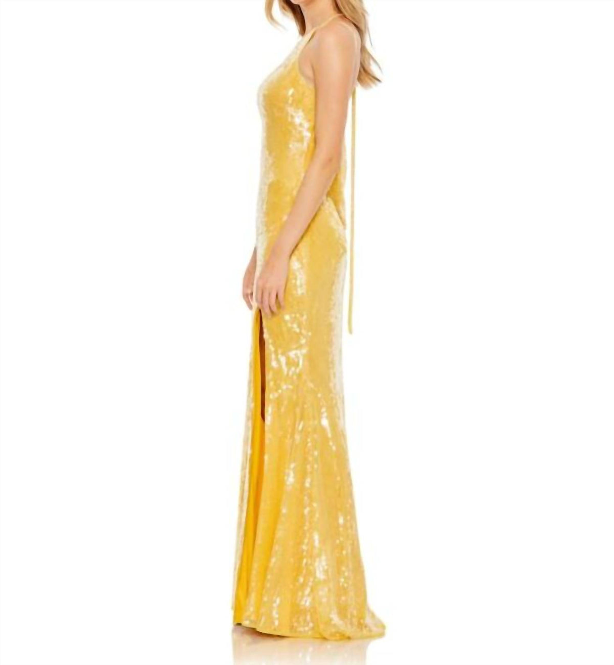 Mac Duggal - Sequined Cowl Neck High Slit Evening Gown