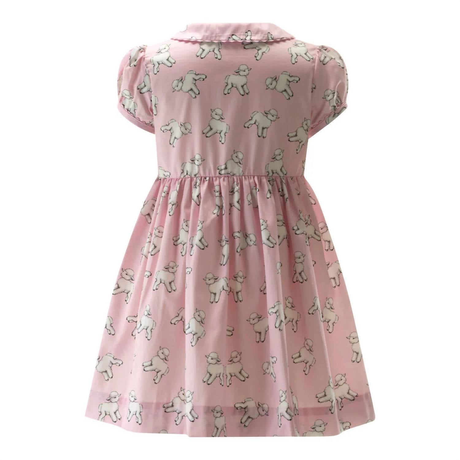 Rachel Riley Girl's Lamb Button Front Dress in pink - kids' dress - detail view
