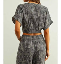 Miou Muse - Leaf Print Faded Effect Twist Front Top
