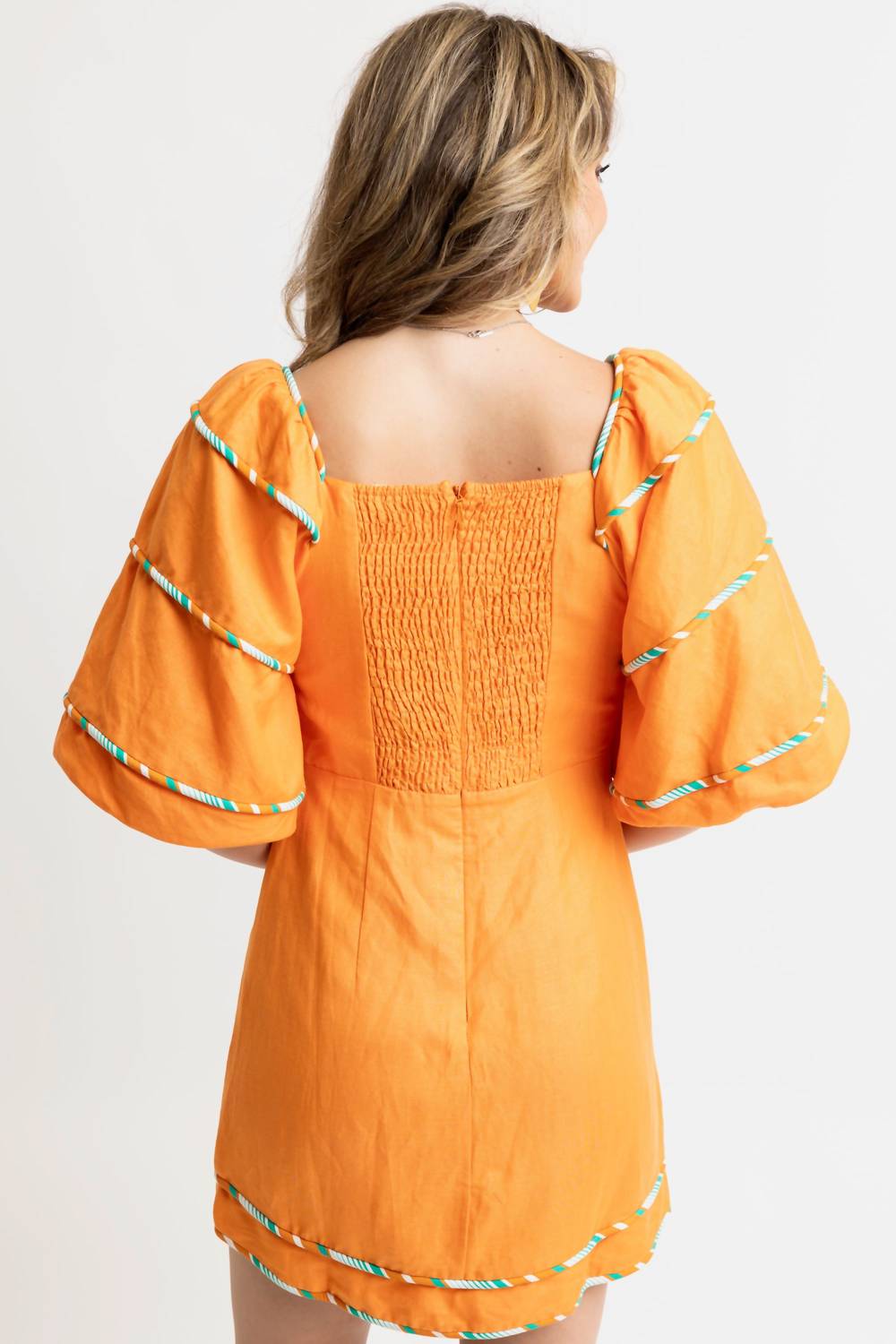 Karlie - Multi Stripe Trim Sweetheart Puff Sleeve Dress