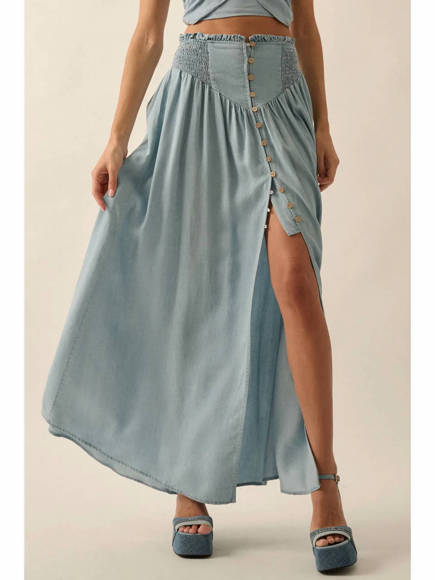 Promesa - Smocked Denim Button-Front Maxi Skirt