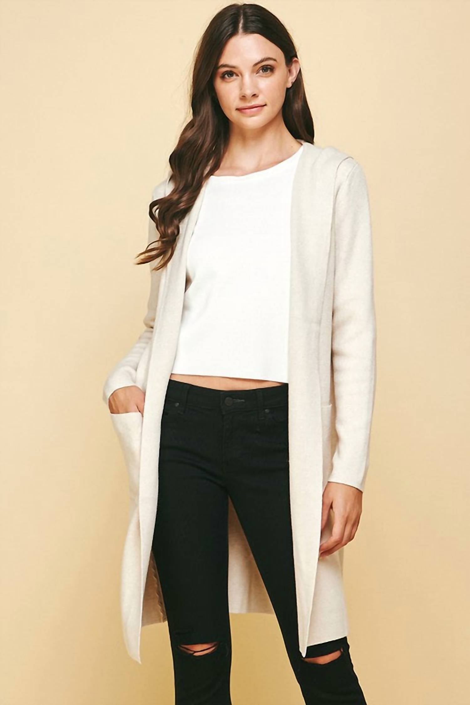 PINCH Kali Open Knit Cardigan in beige - women's cardigan - alternate view