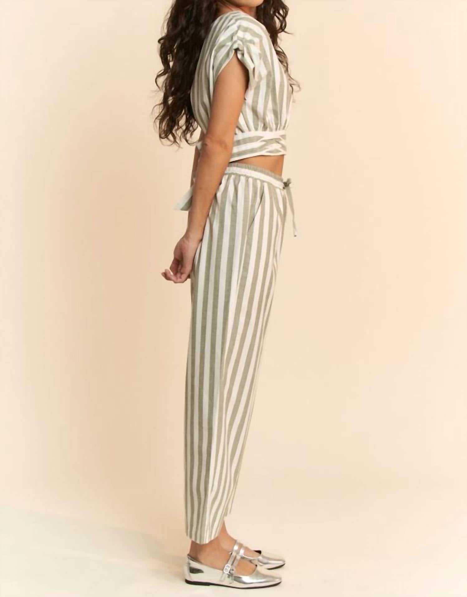 Davi & Dani - Striped Cropped Wrap Top And High Waisted Pants Set
