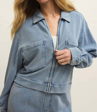 Z Supply Heritage Knit Denim Jacket in ocean air indigo 1 - women's jacket - detail view