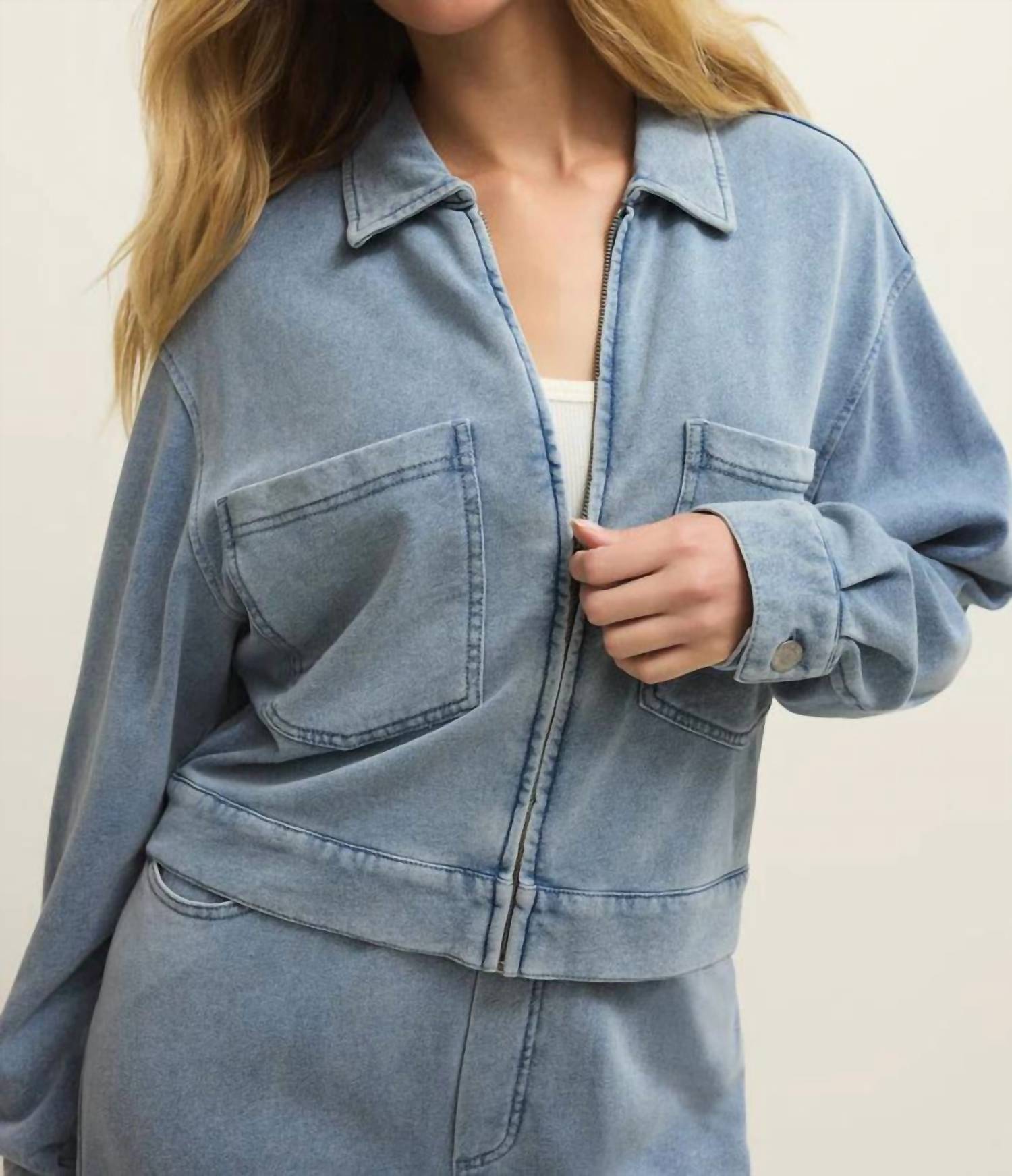 Z Supply Heritage Knit Denim Jacket in ocean air indigo 1 - women's jacket - detail view