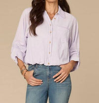 Democracy Tucked Sleeve Smocked Button Down Bubble Hem Splice Stripe Woven Shirt in frosted iris - women's shirt
