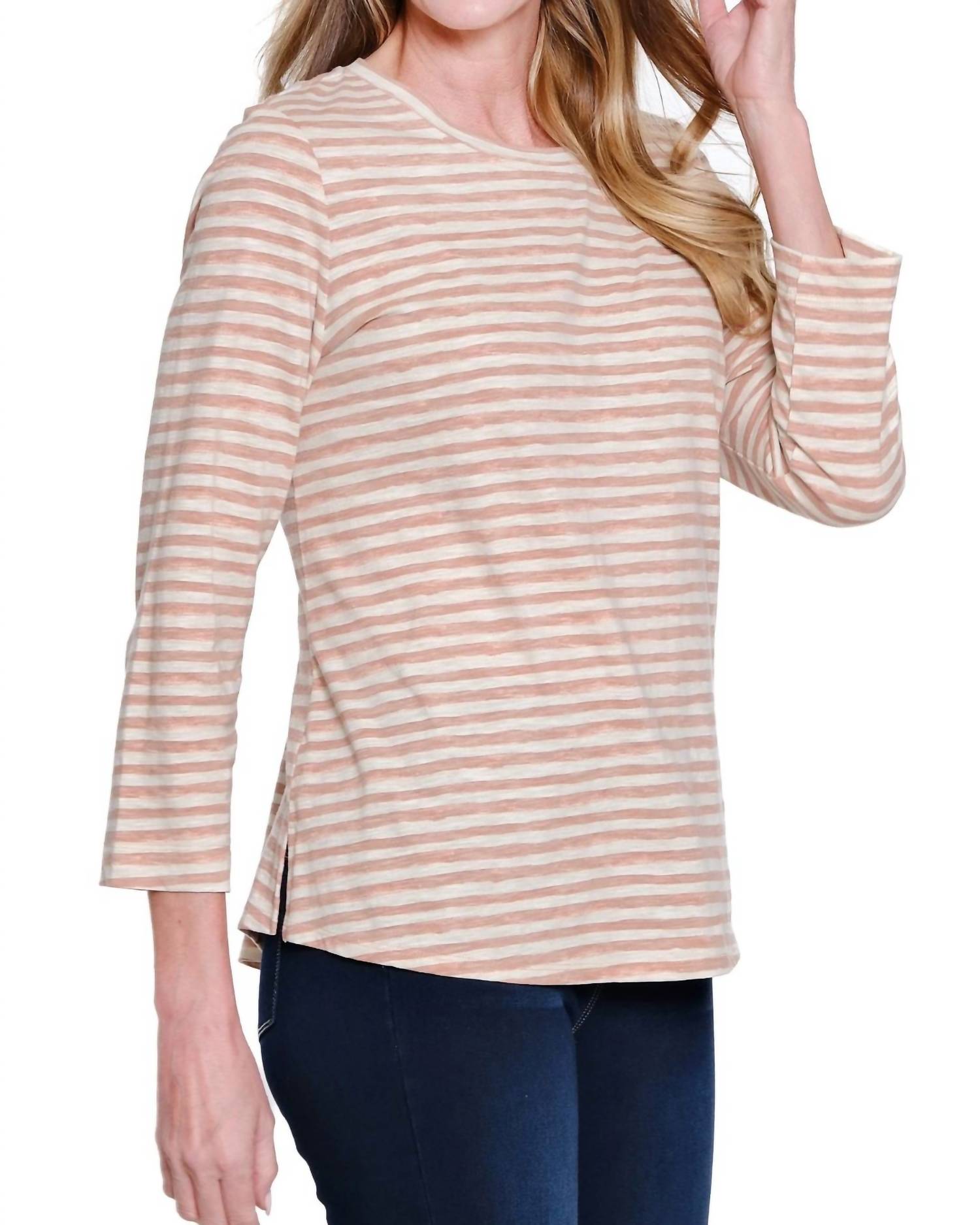 Multiples - 3/4 Sleeve Scoop Neck Top with Shaped Hem