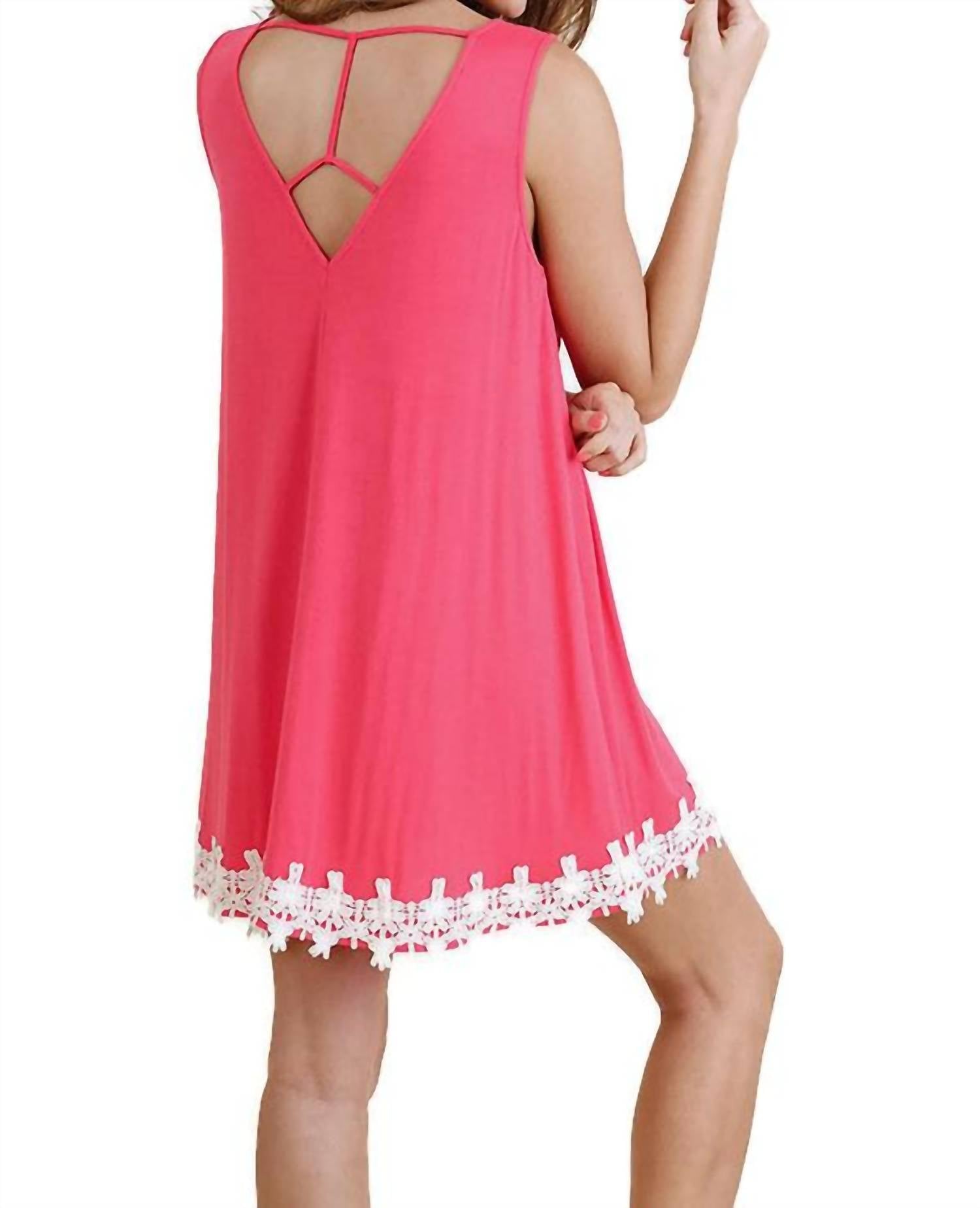 umgee Cutout Back Crochet Hem Dress in strawberry - women's dress - detail view