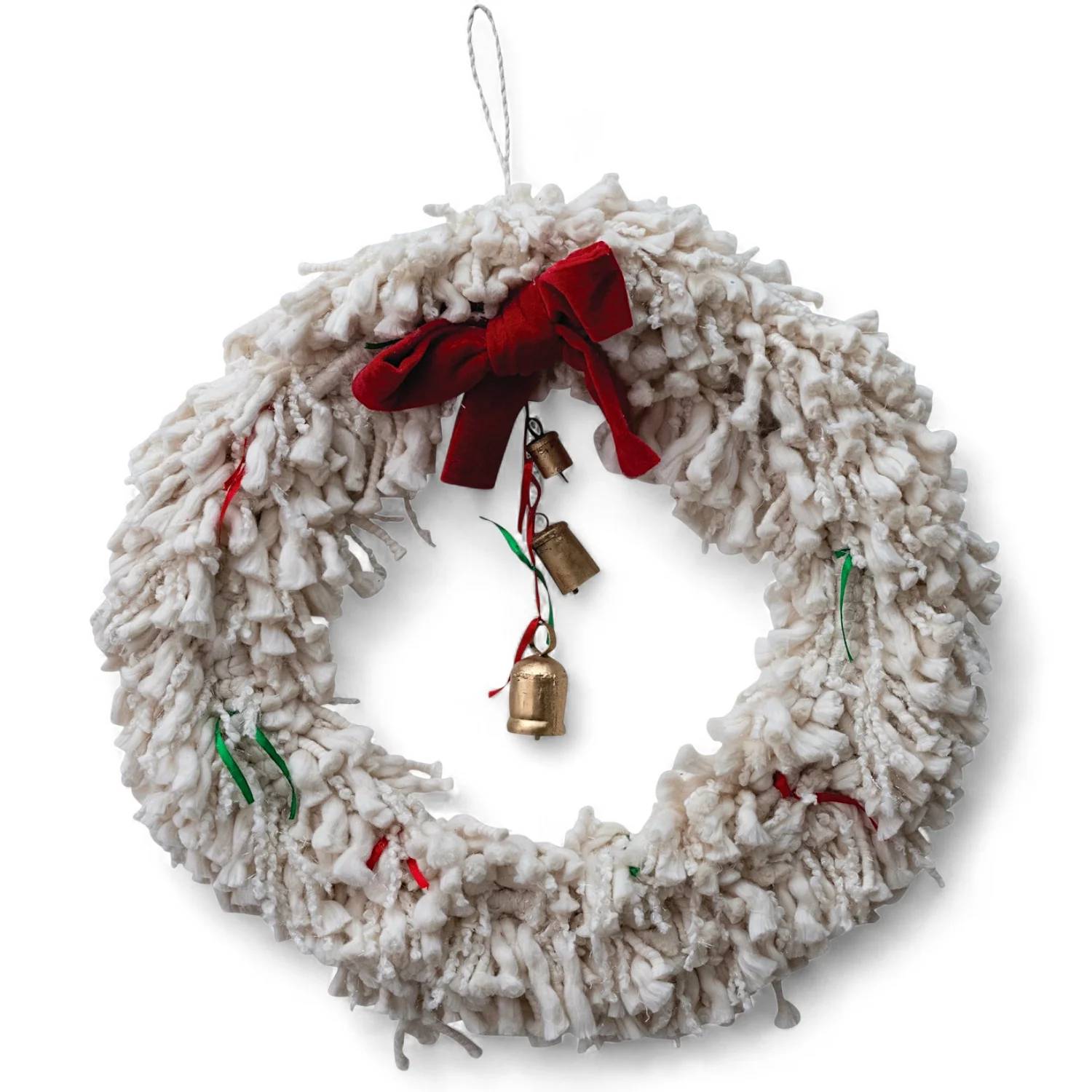 Creative Co-Op - Handmade Yarn Wreath With Bow And Bells