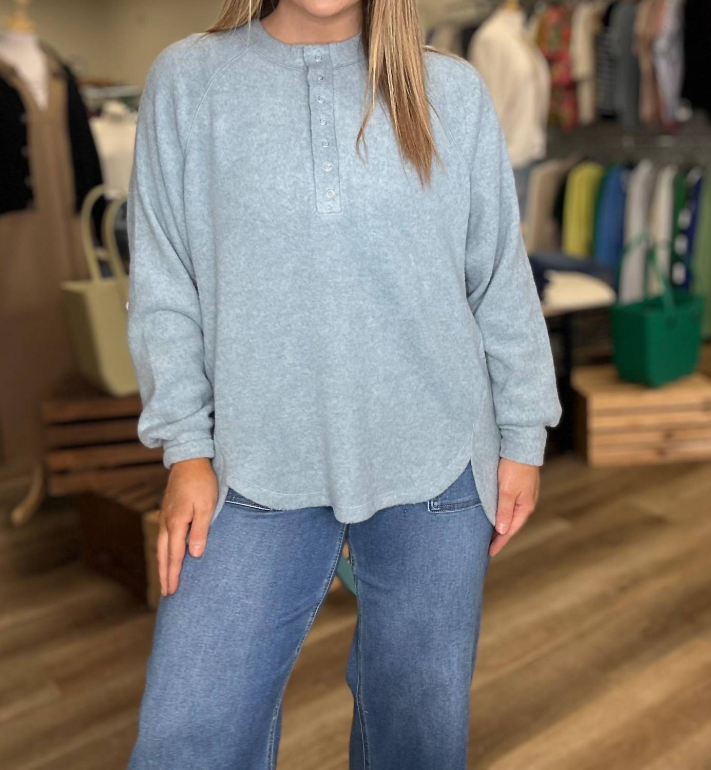 Zenana - Brushed Hacci Oversized Henley Sweater