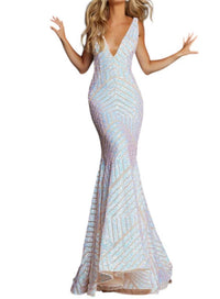 Jovani - Low V Neck Sequin Sheath Dress