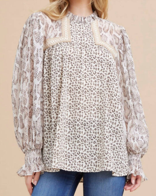 Animal Print Mix Long Sleeve Blouse