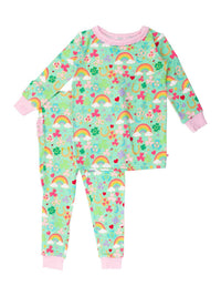 RuffleButts Toddler Lucky Day Ruffle Long Sleeve Pajama Set in green - kids' sleepwear - detail view