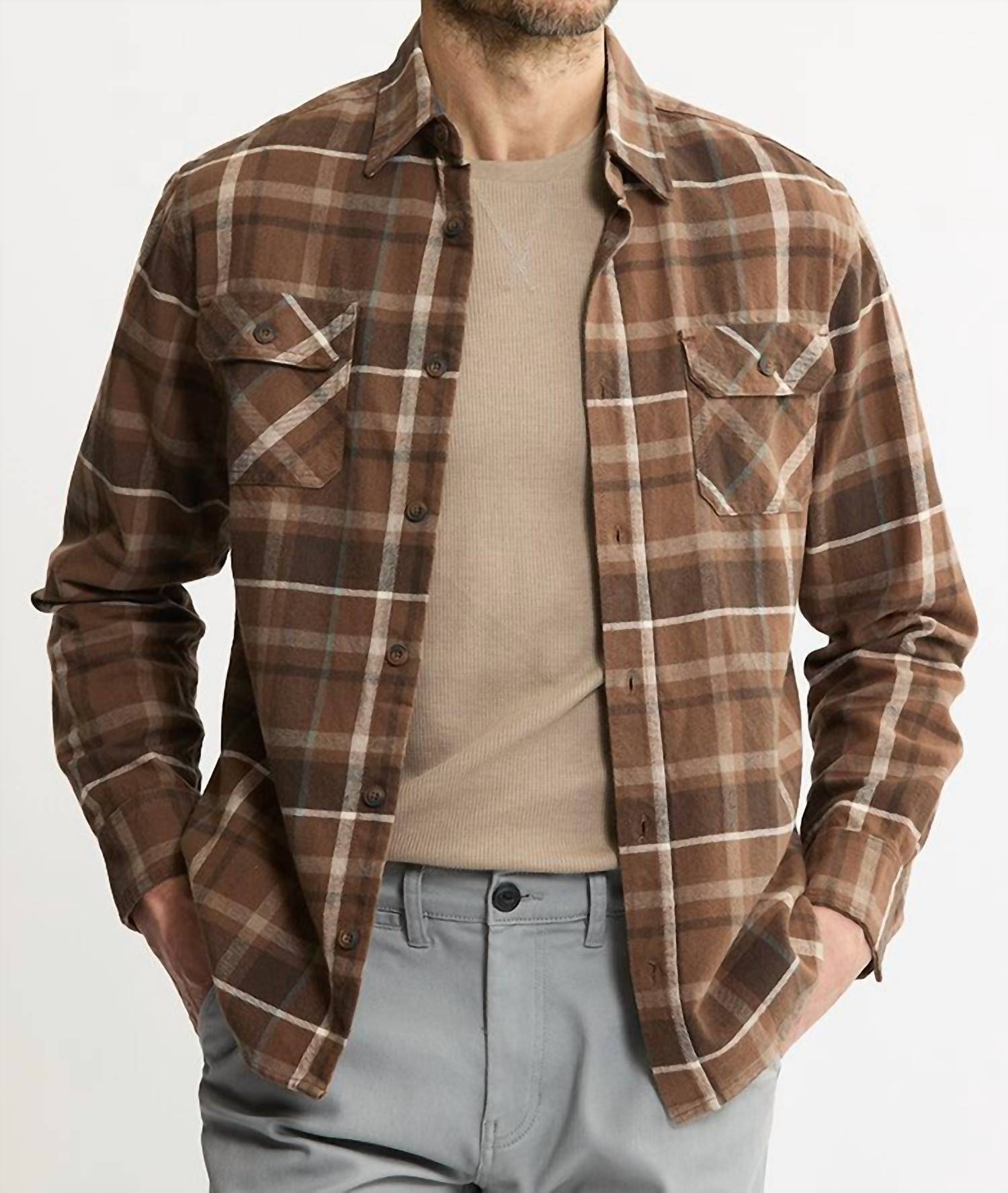 JACHS NEW YORK Brawny Flannel Shirt & Thermal Long Sleeve Tee - 2-pack in brown plaid brawny - men's shirt