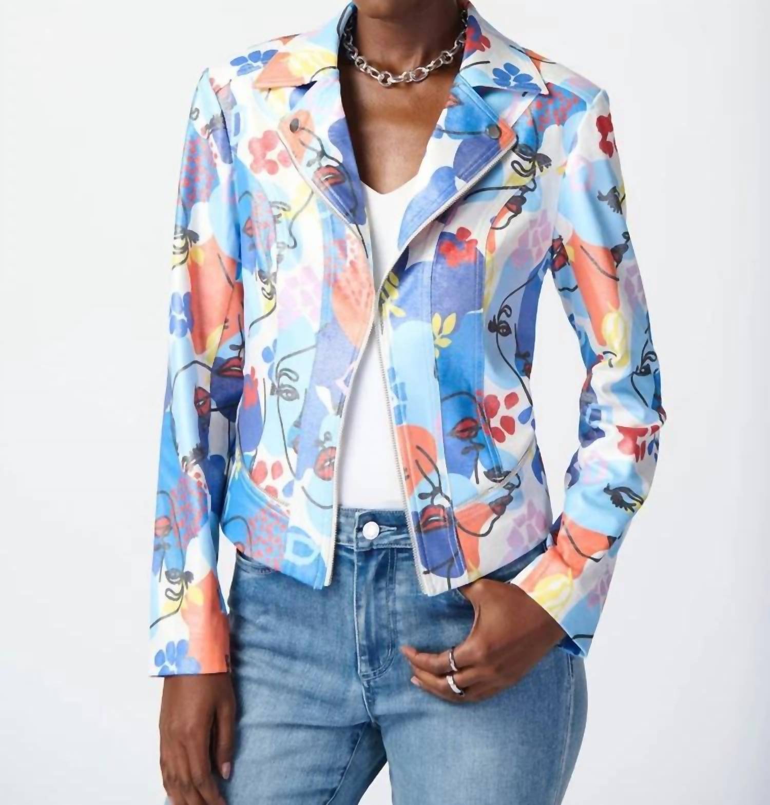 Joseph Ribkoff - Faye Face Print Faux Suede Moto Jacket