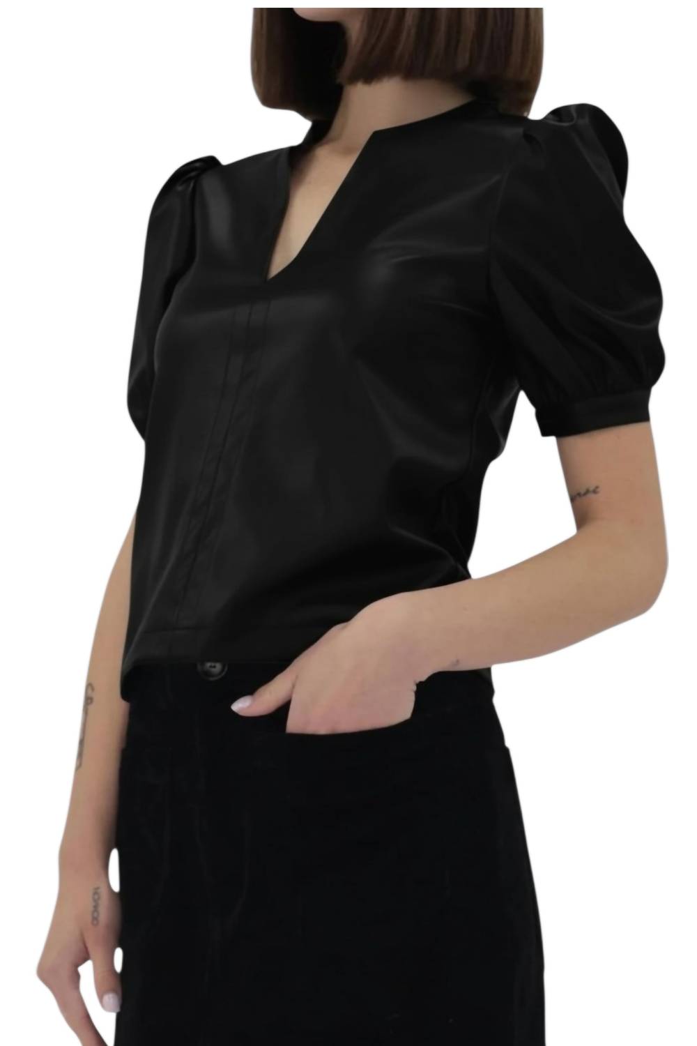 Another Love Kalia Faux Leather Top in black - women's blouse - detail view