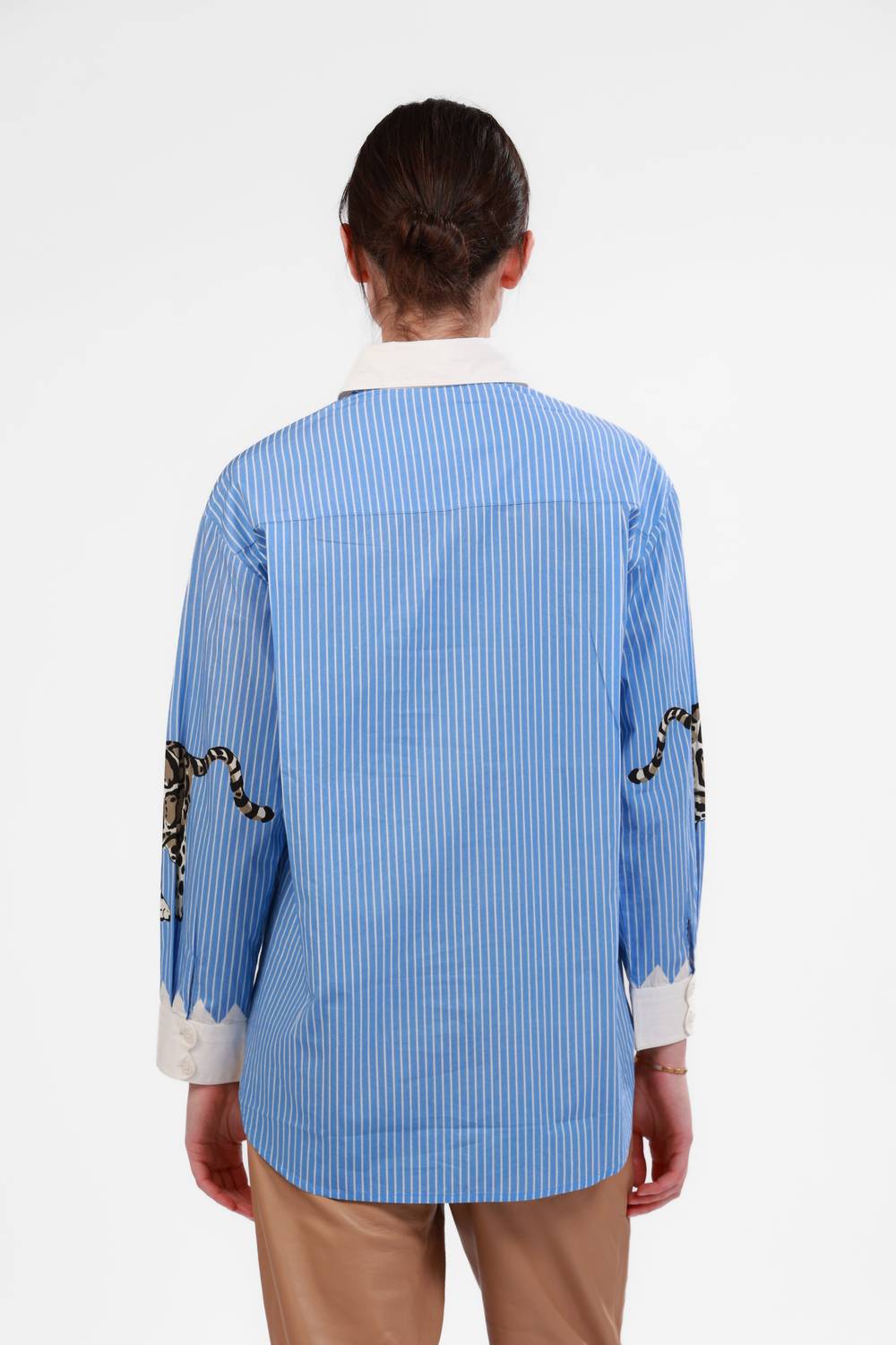 Las Sureñas Poplin Snow Leopard Shirt in light blue - women's long sleeve top - detail view