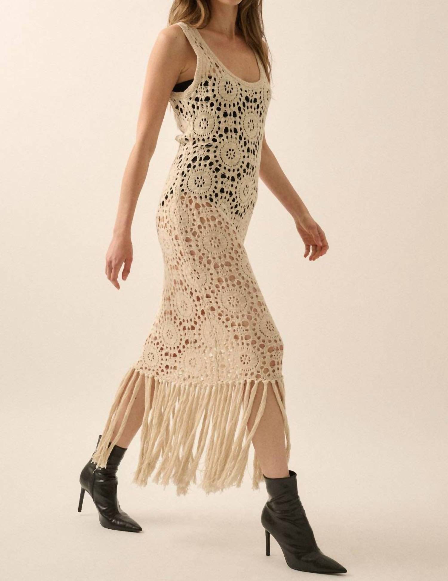 Promesa - Crochet Knit Fringe Hem Midi Tank Dress