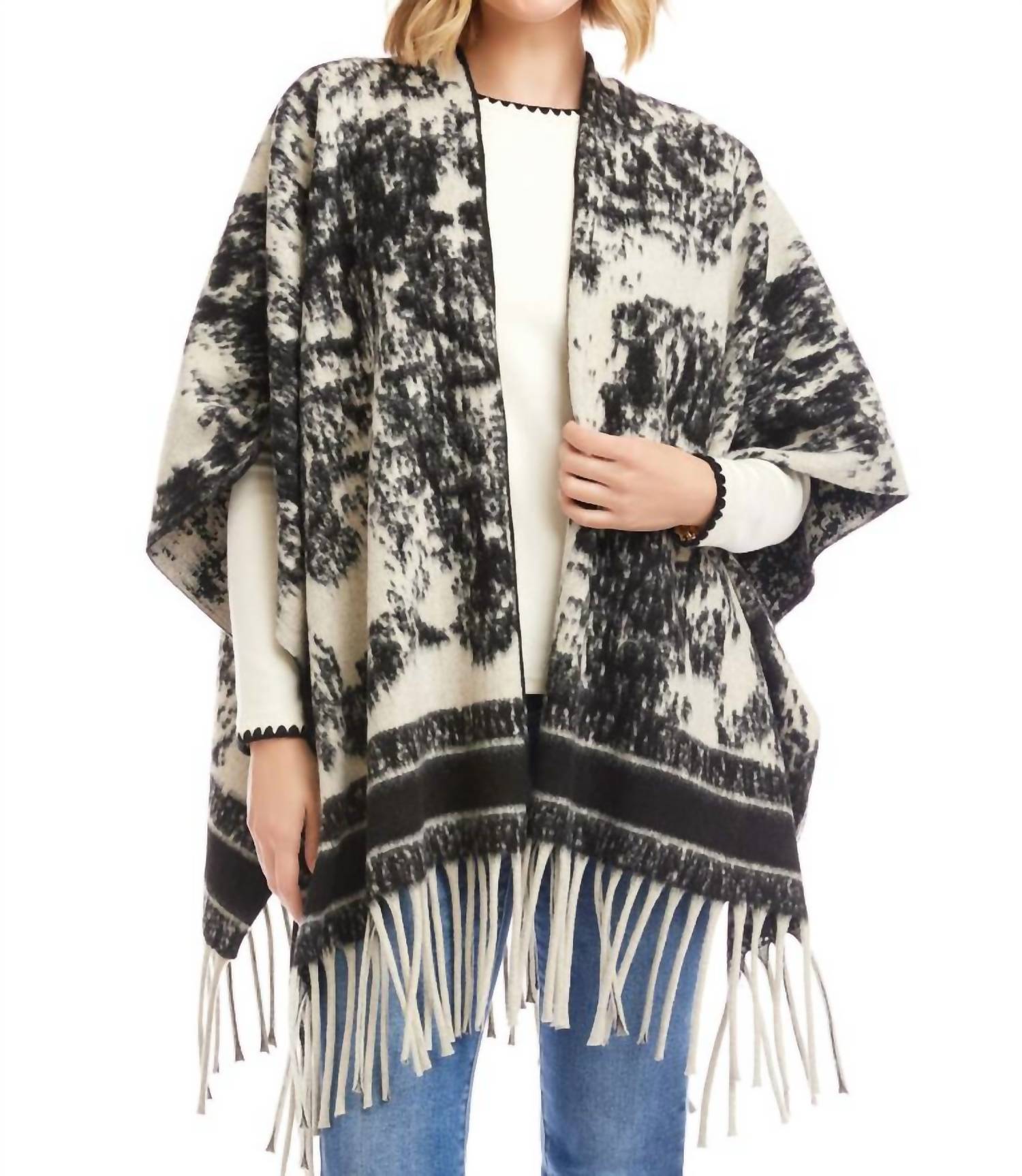 Karen Kane - Brushed Jacquard Knit Fringe Poncho