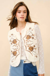 Blue B - Embroidered Faux Fur Vest