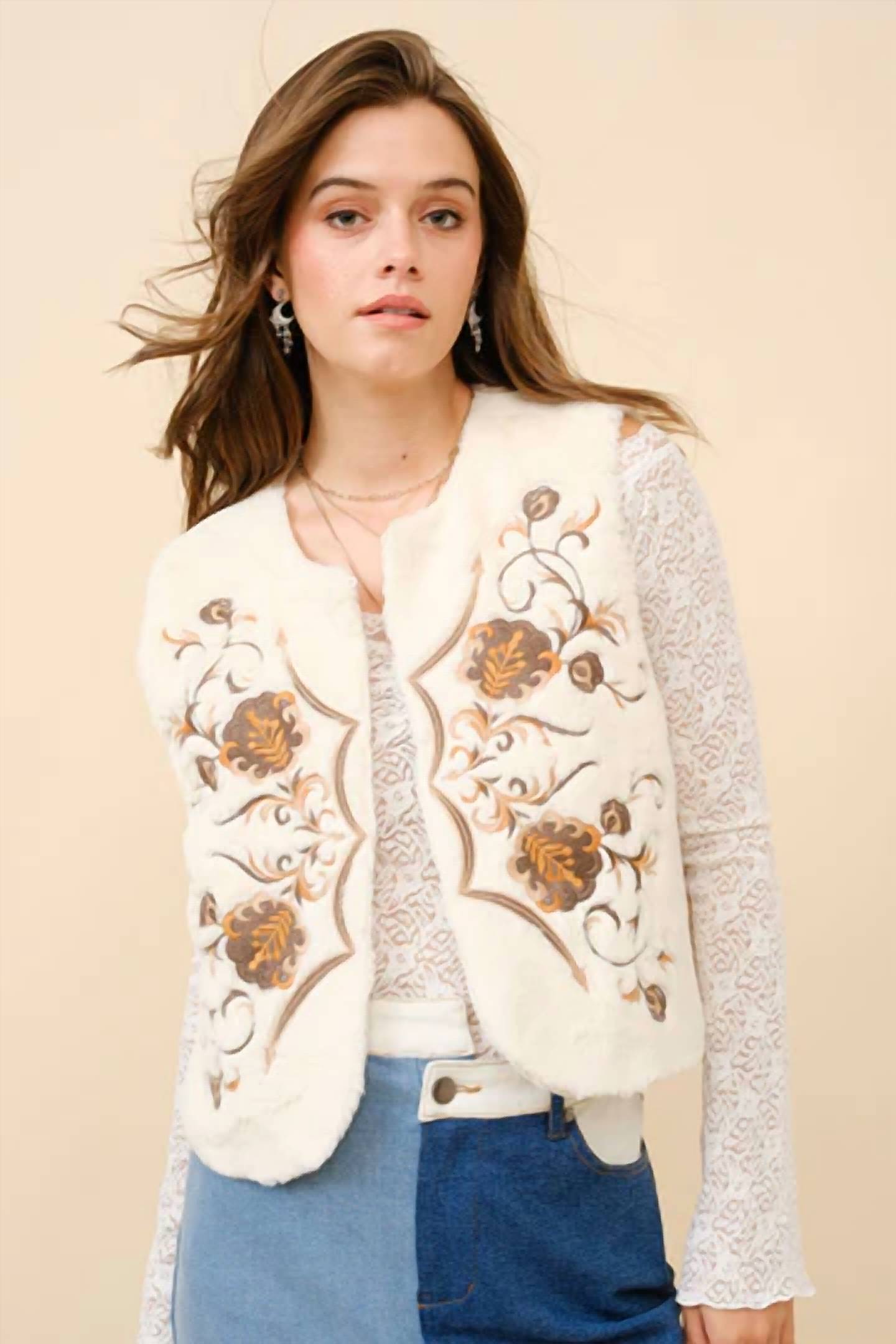 Blue B - Embroidered Faux Fur Vest