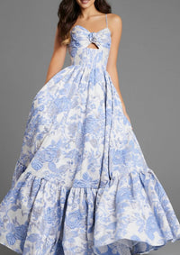 JOVANI Strapless Floral Ball Gown with Tiered Skirt in blue - women's dress