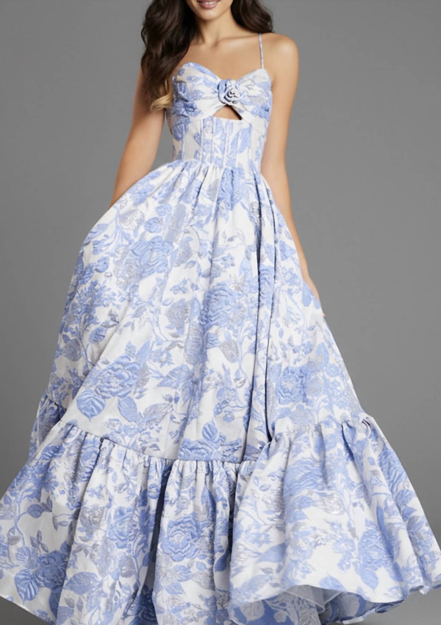 JOVANI Strapless Floral Ball Gown with Tiered Skirt in blue - women's dress