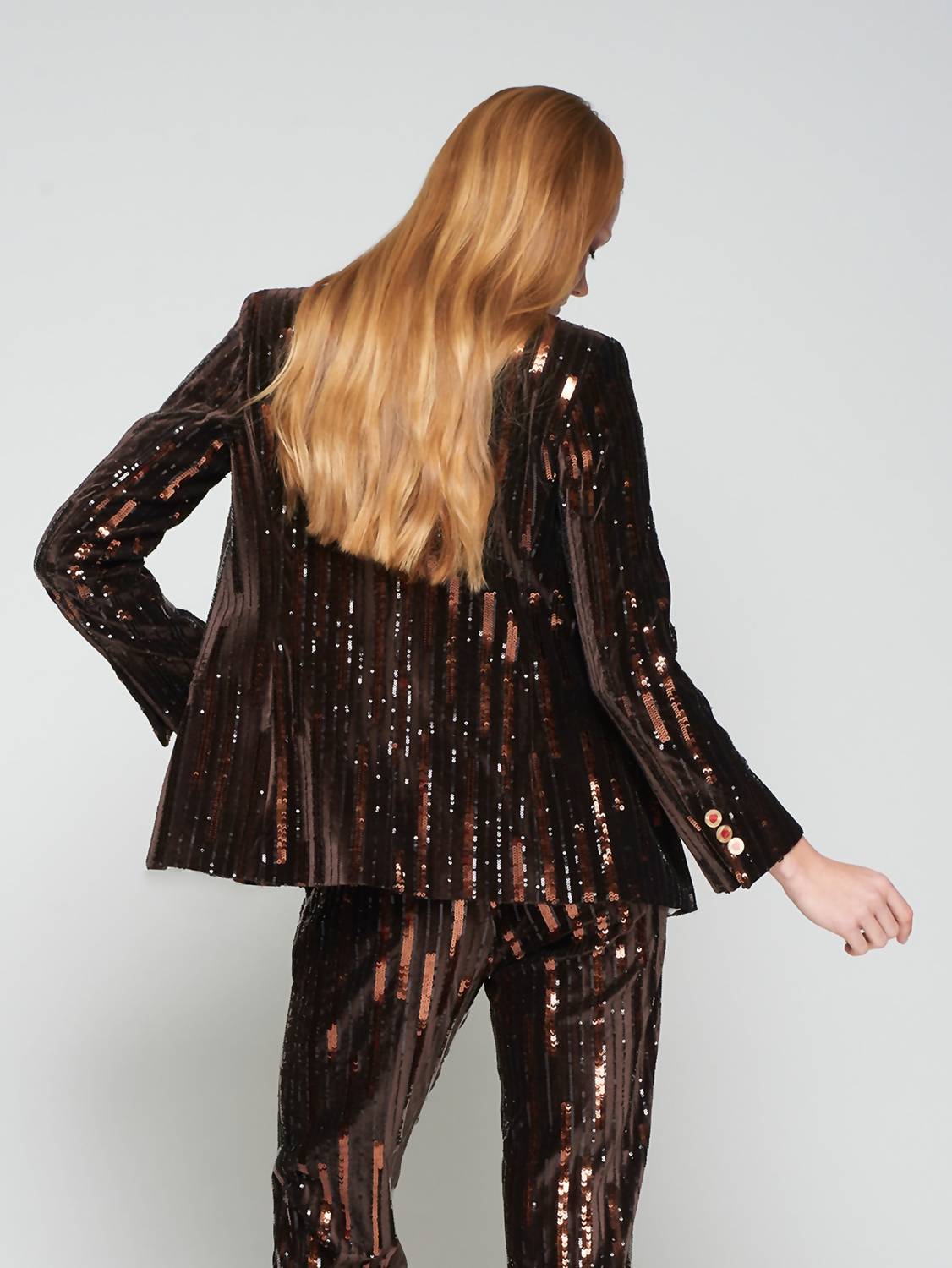 Vilagallo The Heather Velvet Sparkler Blazer in brown - women's jacket - detail view