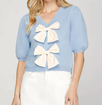 She + Sky - Bow Front V Neck Puff Sleeve Top