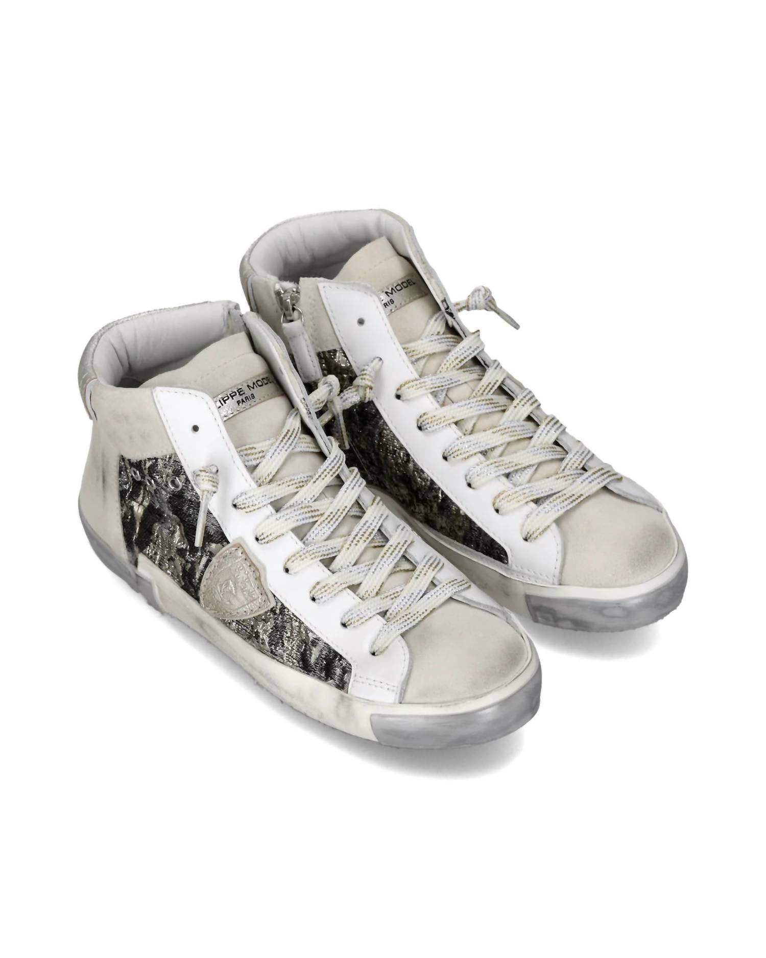 PHILIPPE MODEL Women's Prsx High-top Sneaker in metal jacquard blanc platinum - women's sneaker - detail view