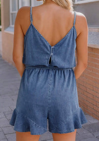 Little Daisy Closet - Destiny Spaghetti Strap Denim Ruffle Romper