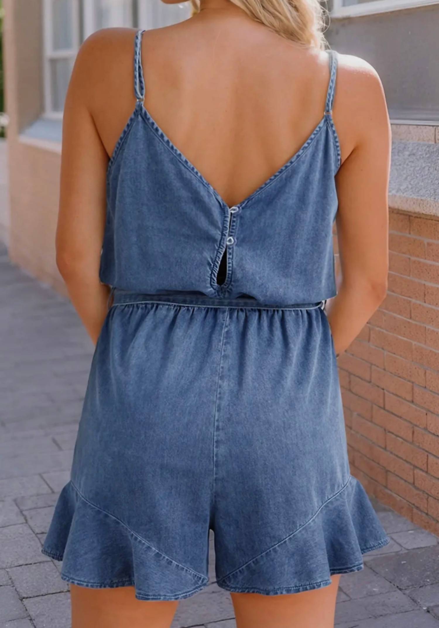 Little Daisy Closet - Destiny Spaghetti Strap Denim Ruffle Romper