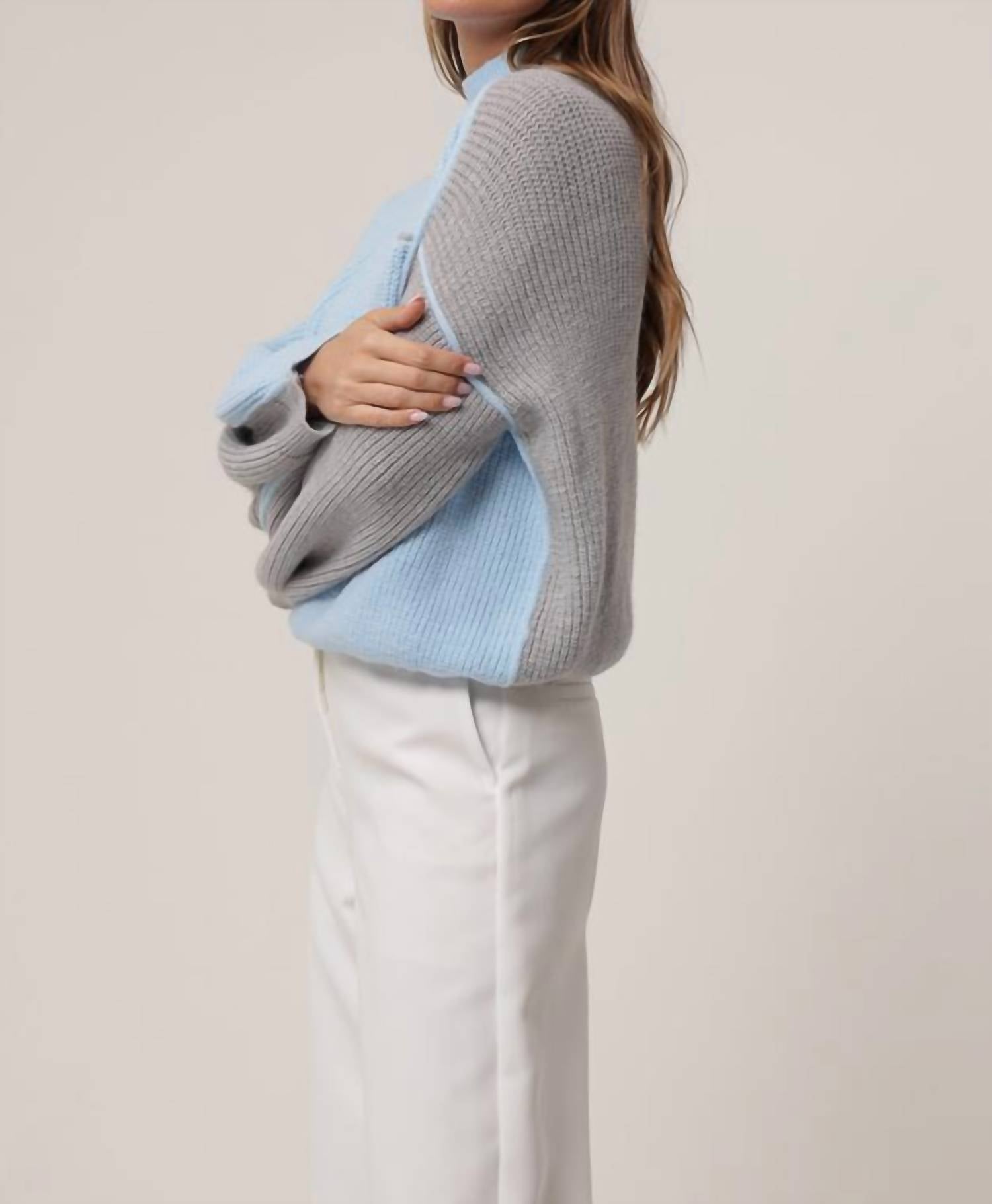 line and dot Katy Mock Neck Sweater in blue grey - women's sweater - detail view