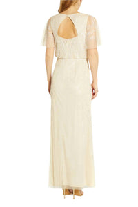 Adrianna Papell - V-neck Beaded Flutter Sleeves Back Zipper Long Chiffon Dress