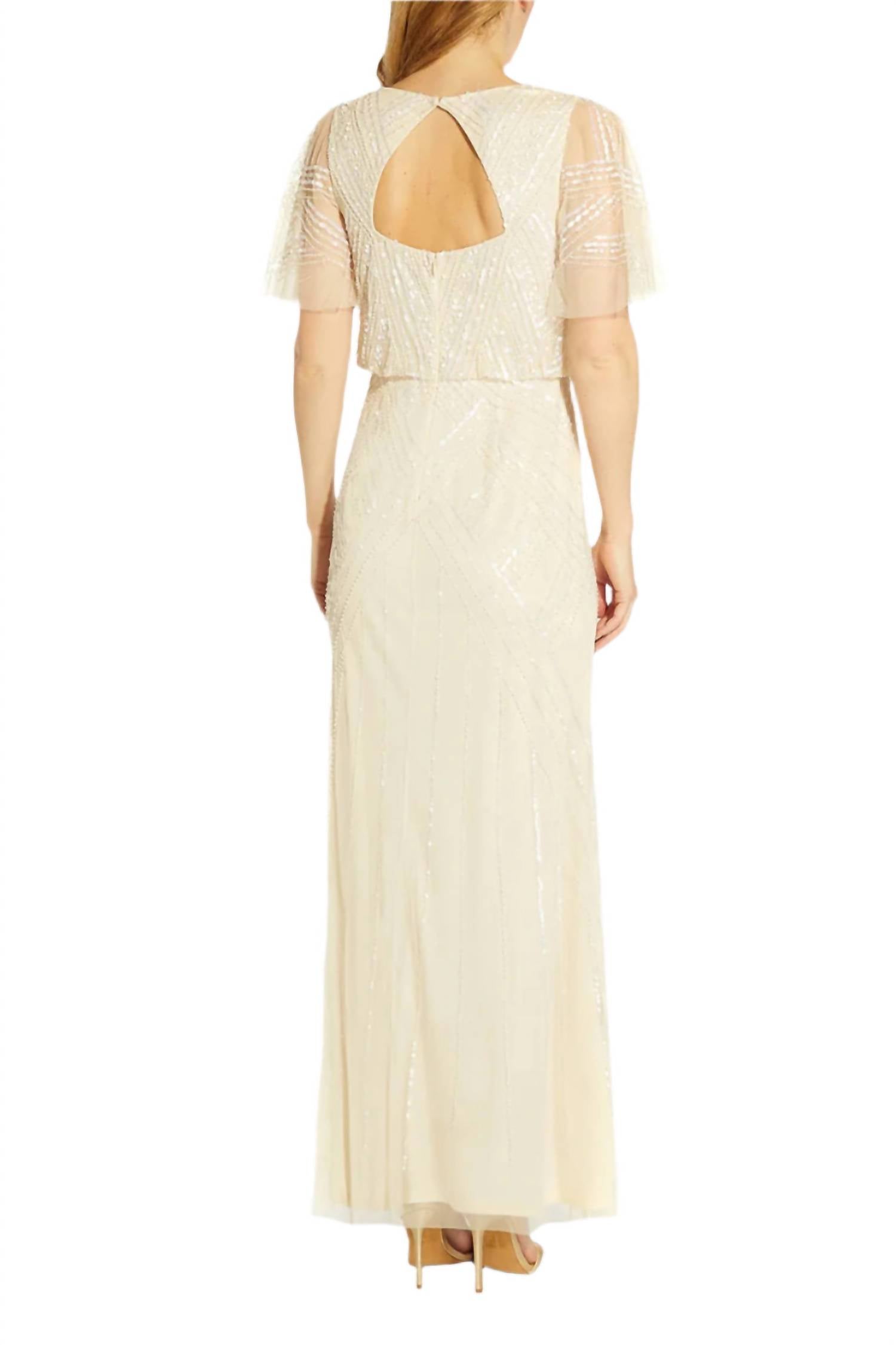 Adrianna Papell - V-neck Beaded Flutter Sleeves Back Zipper Long Chiffon Dress