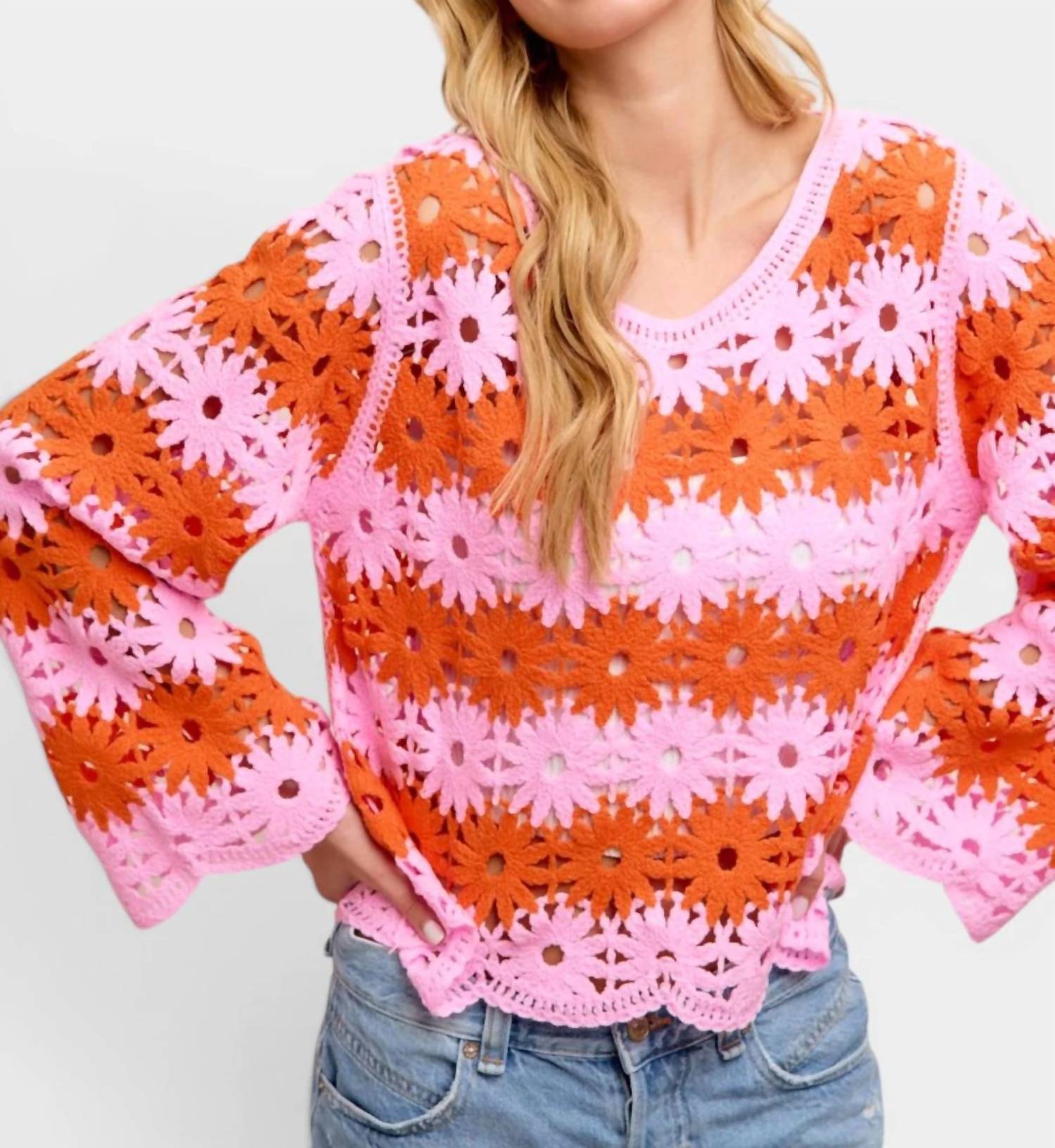Bibi - Flower Crochet Knit Top
